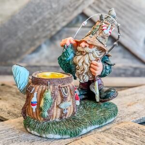Vintage Hillbilly Gnome Gone Fishing, Resin Candlestick Holder, 4.5”H x 4.25”W